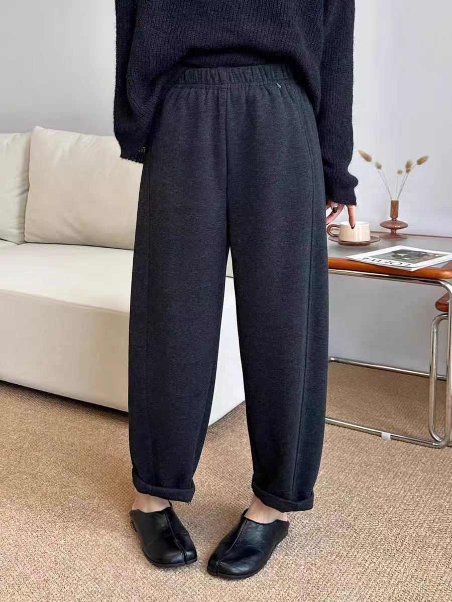 欧版高腰直筒九分羊毛呢裤女2025秋冬新加绒松紧休闲萝卜裤奶奶裤