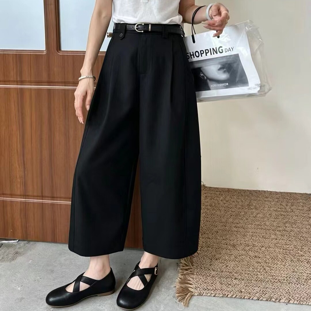 欧洲站女裤2026春夏新款欧货设计感高腰宽松直筒黑色休闲裤九分裤