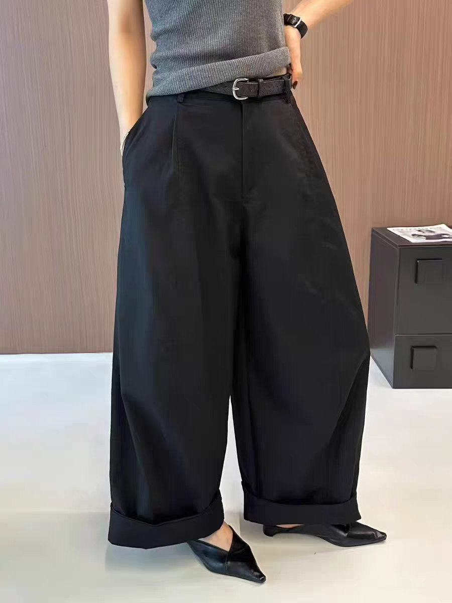 欧版高端2026春秋高腰配腰带百搭休闲宽松阔腿弯刀裤女长裤西装裤