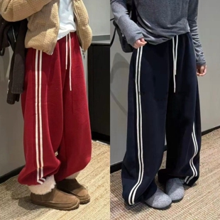欧洲站加绒运动风撞色条纹阔腿裤女高腰宽松显瘦百搭弯刀休闲裤潮