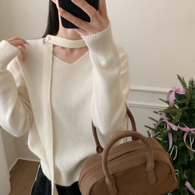 2025韩系秋冬新款圆领时尚挂脖飘带宽松百搭温柔风羊毛针织衫上衣
