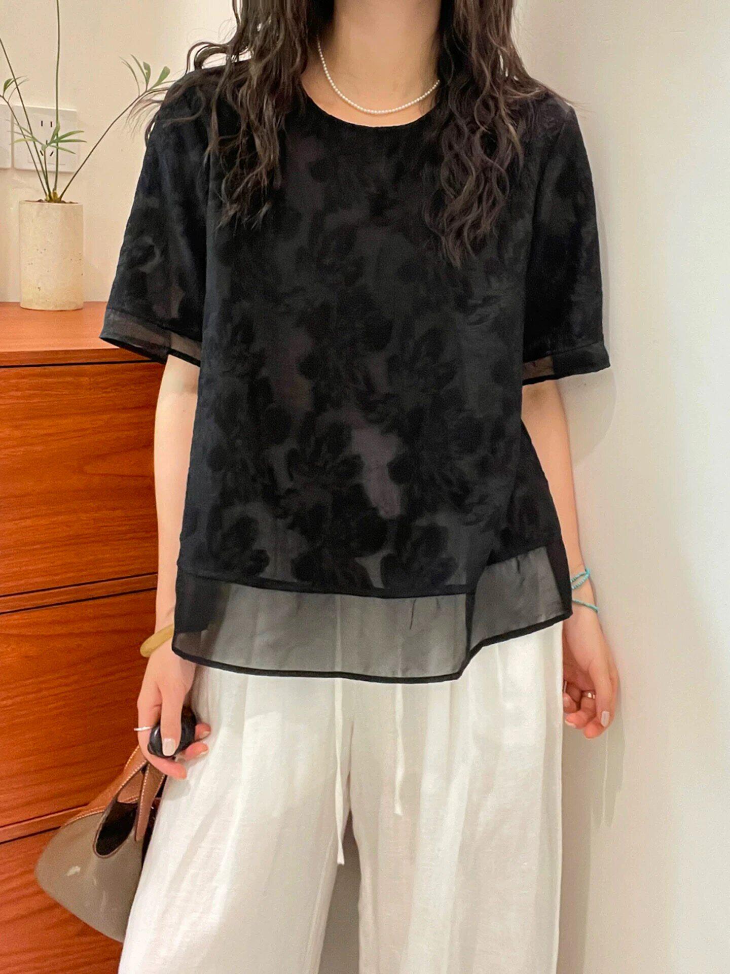 提花暮云纱拼接短袖衬衫女夏季2026新款显瘦百搭减龄小衫上衣潮