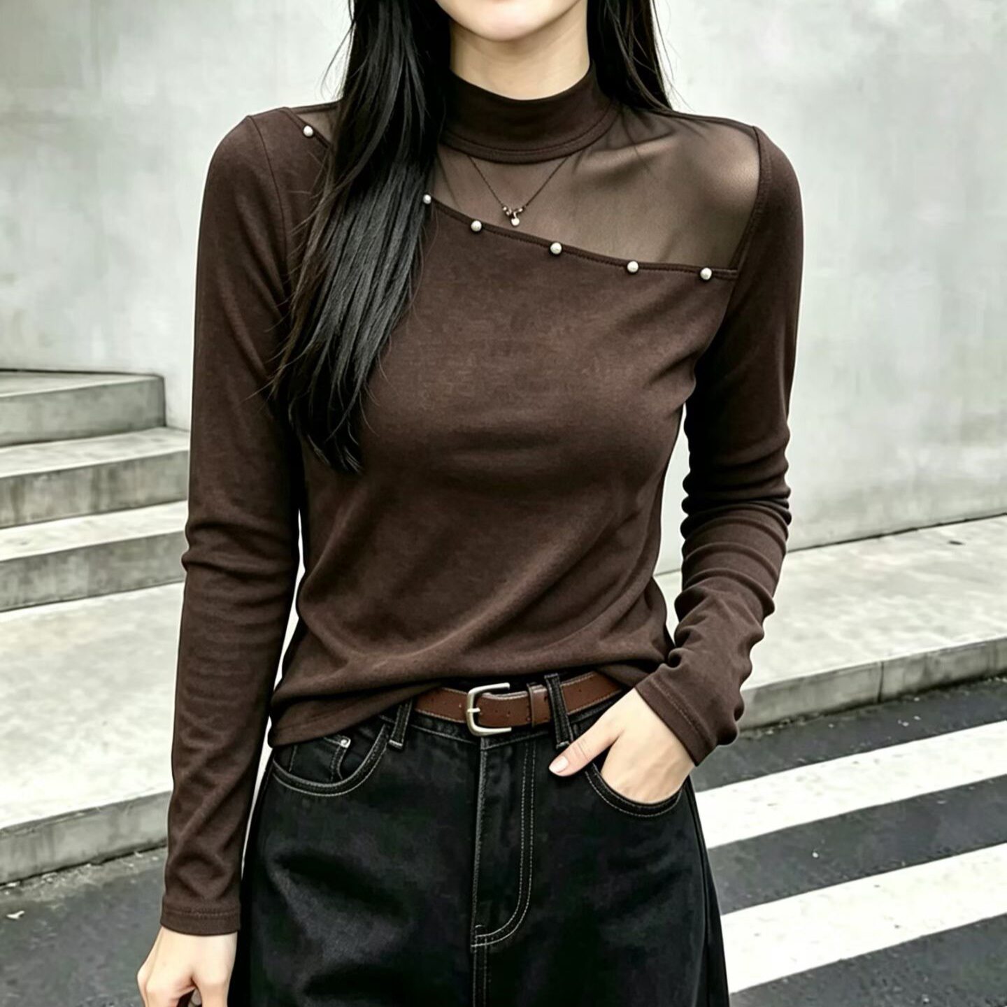 2026秋冬季半高领网纱铆钉拼接修身显瘦打底衫女内搭长袖t恤上衣