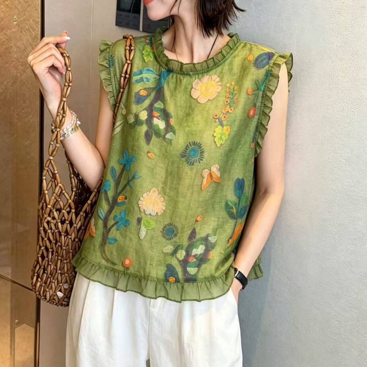 新中式薄款盘扣印花无袖衬衫女2026夏季新款宽松显瘦百搭气质上衣