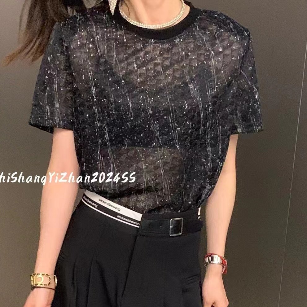 欧货网纱圆领亮晶晶微透T恤女短袖夏款新宽松百搭显瘦设计感上衣