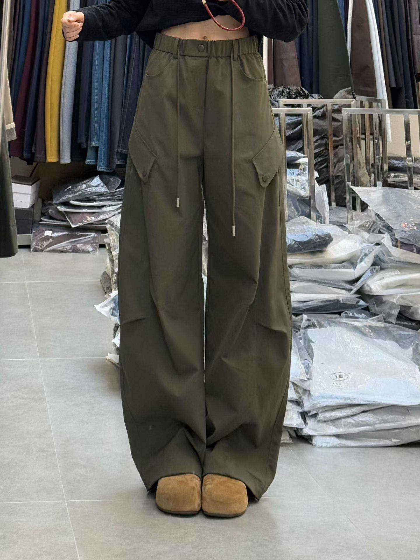 2026春款新品时尚系带松紧腰围设计宽松百搭显瘦阔腿休闲工装长裤