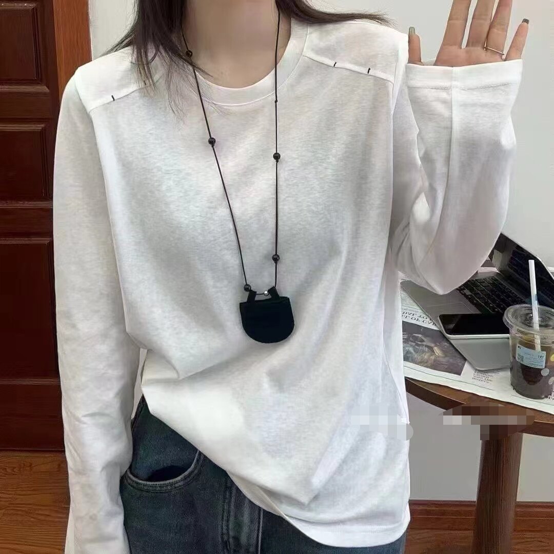 t恤女春季新款黑色肩部小刺绣设计圆领宽松百搭内搭打底衫长袖