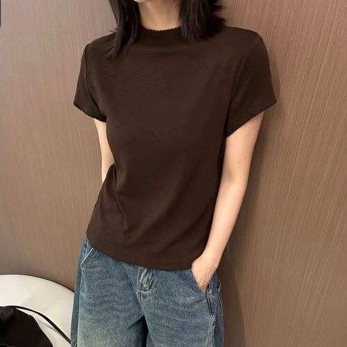 2026早秋韩系简约纯色花边圆领短袖T恤女修身显瘦百搭打底衫上衣