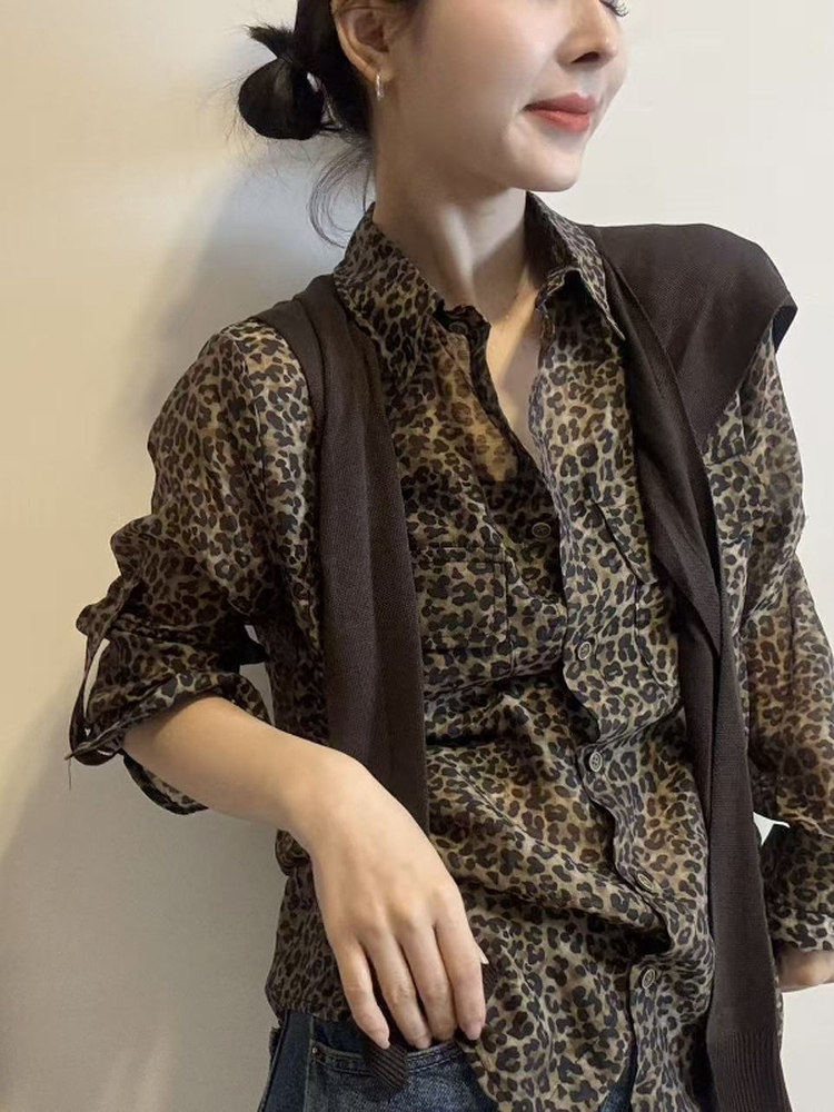 豹纹翻领长袖衬衫女2026秋季新款韩版针织披肩宽松百搭上衣两件套