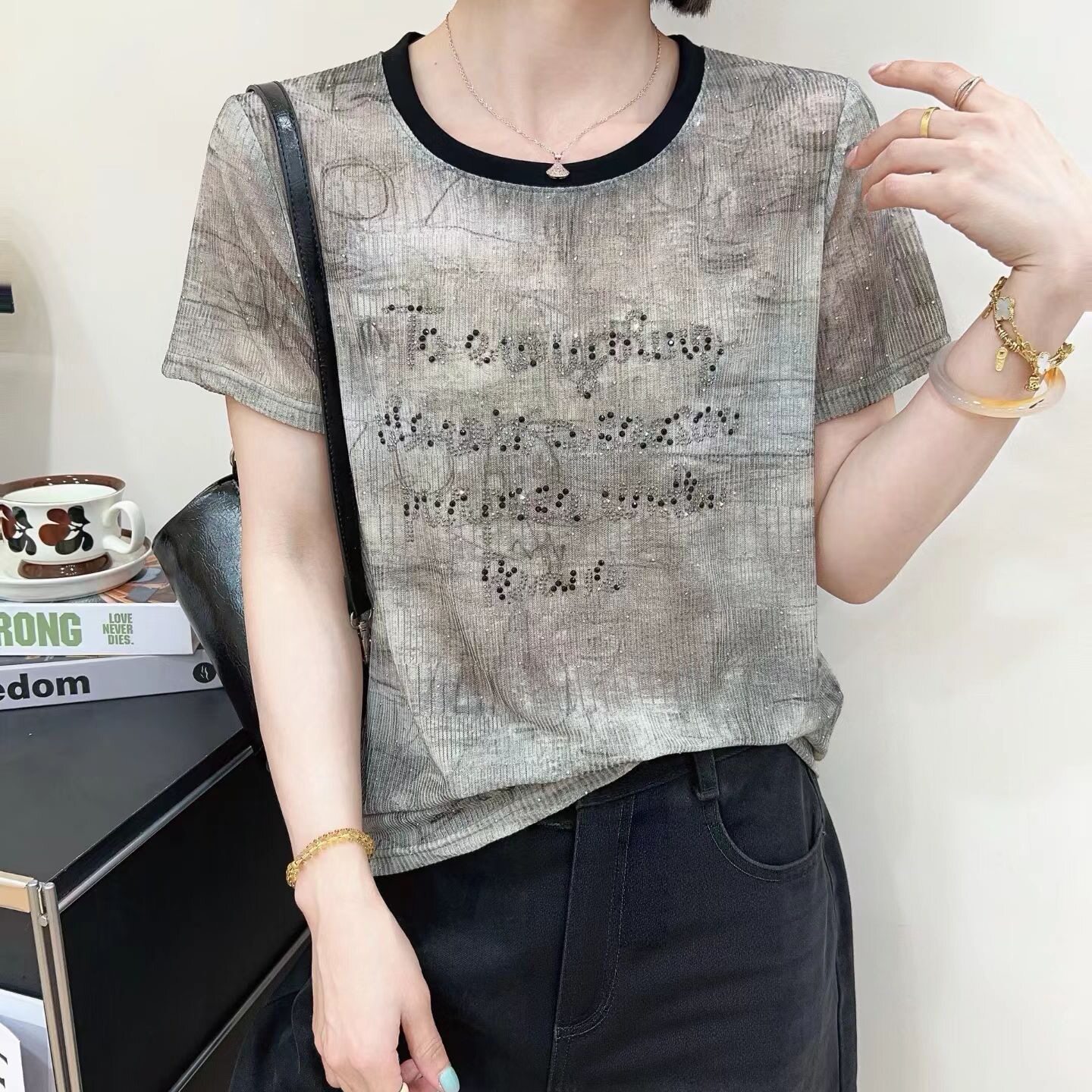 字母烫钻扎染撞色圆领短袖T恤女夏季新款宽松短款显瘦T恤上衣潮
