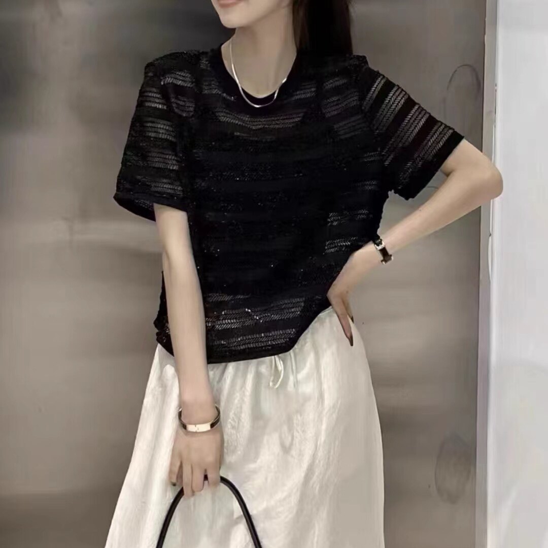 百搭冰丝半透性感T恤纯色小众镂空显瘦网纱短袖宽松上衣女夏季