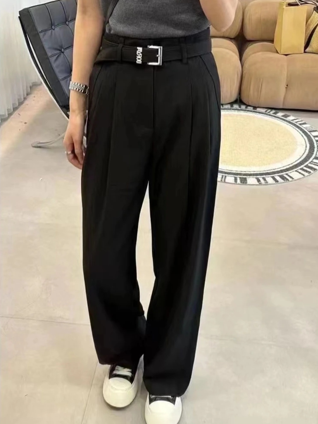 垂感西装阔腿裤春秋季黑色中高腰时尚气质显瘦女款配腰带款拖地裤