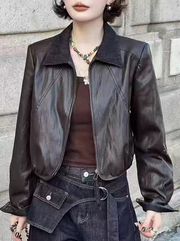 欧洲站2026秋季新款时尚百搭显瘦女气质休闲PU水洗翻领皮衣外套潮