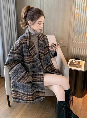 150小个子粗花呢子大衣女复古英伦风新款2025秋冬洋气155减龄格子