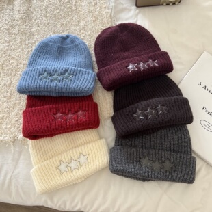 程潇同款五角星针织帽子女韩版时尚百搭显脸小双层加厚保暖毛线帽