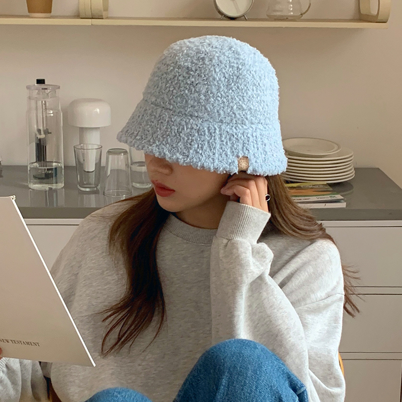 ins羊羔毛短檐渔夫帽女秋冬季2025新款大头围水桶帽保暖毛绒盆帽