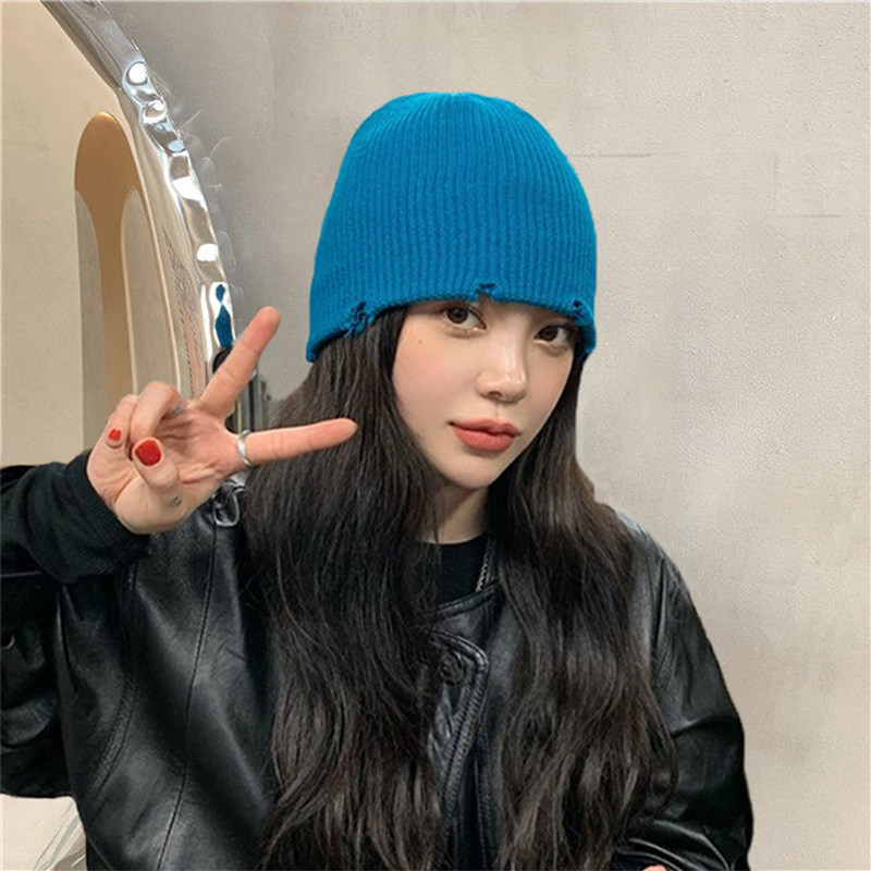 纯色针织帽子女秋冬季ins韩版潮百搭保暖毛线帽情侣破洞瓜皮冷帽