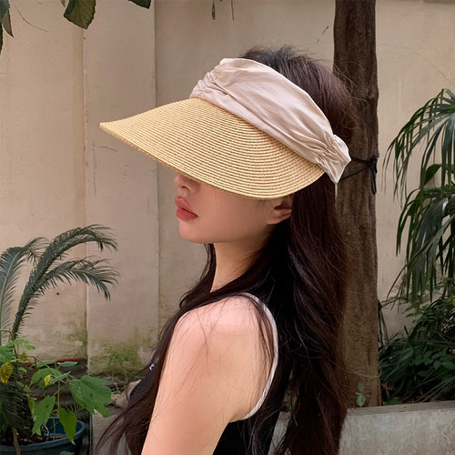 韩国加密拼接草编空顶帽女夏防晒