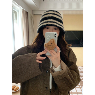 条纹毛绒针织渔夫帽子女秋冬季显脸小百搭保暖2025新款大头围盆帽