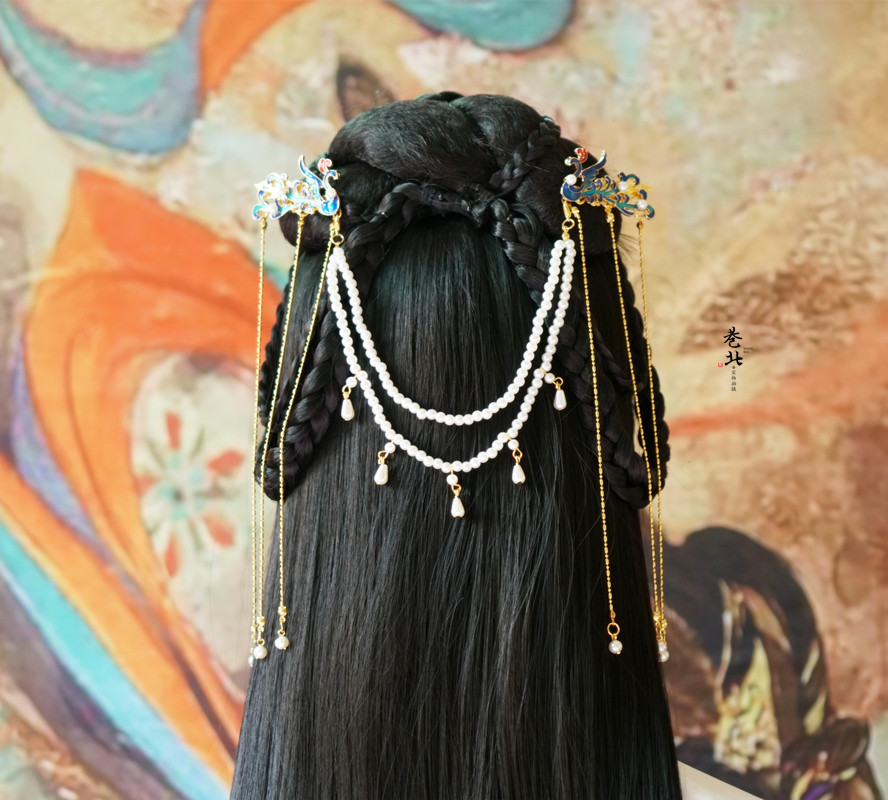 原创仿珍珠链烧蓝凤凰汉服发饰明制唐风百搭围髻后压流苏发饰发夹