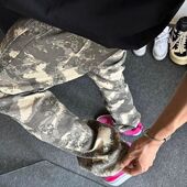 大码 迷彩裤 男春秋ins裤 直筒显高松紧腰美式 子胖子高街休闲牛仔裤