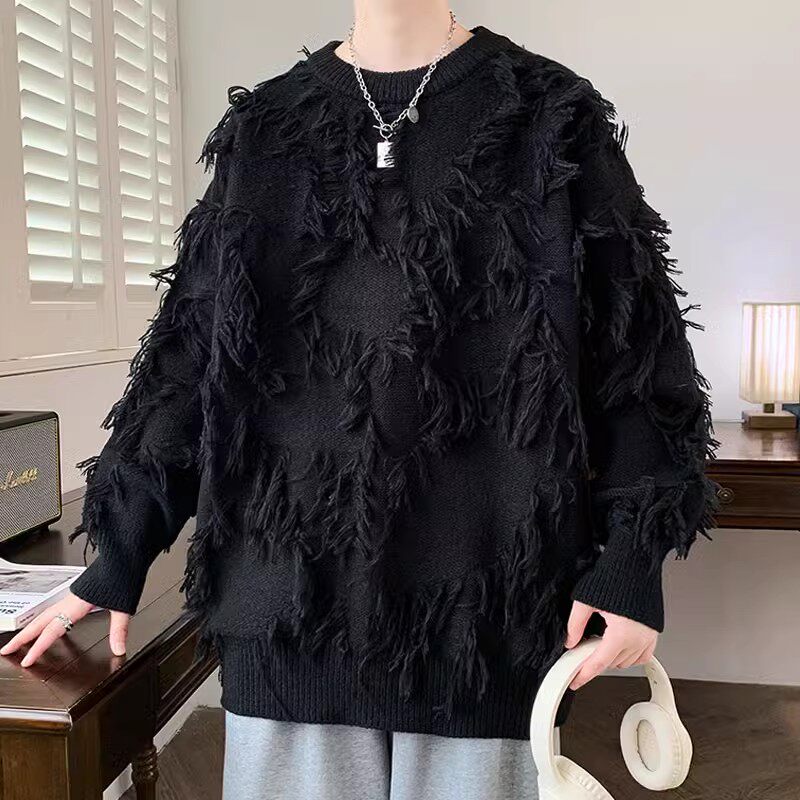 纯色流苏大码毛衣男款秋冬美式oversize休闲设计青少年胖子针织衫