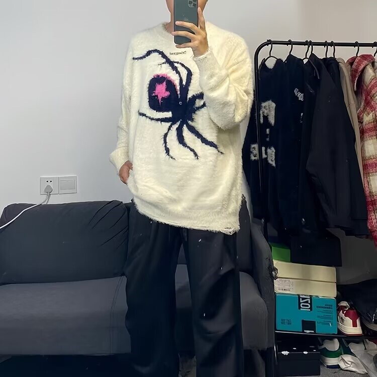 日系oversize蜘蛛提花圆领毛衣男女秋冬大码chic胖子休闲款针织衫