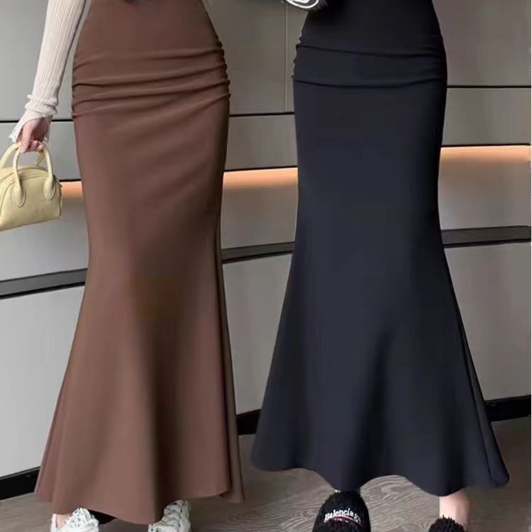 半身裙女春秋新款韩版时尚洋气百搭包臀裙高腰显瘦纯色鱼尾裙收腰