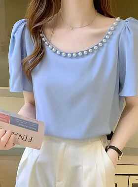 钉珠泡泡袖上衣女夏雪纺小衫chic