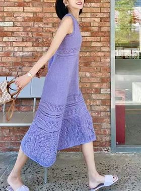 紫色无袖针织连衣裙夏季小众显瘦泰国三亚海边度假沙滩裙旅游拍照
