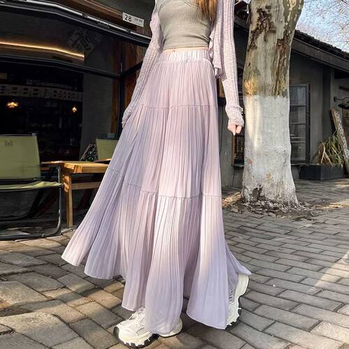 紫色压褶网纱层次半身裙女大摆褶