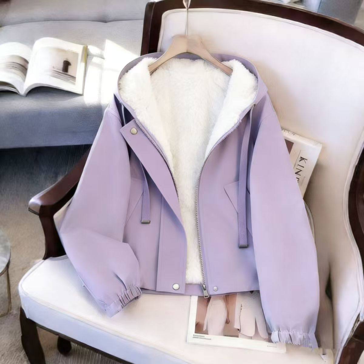 紫色加绒加厚冲锋衣外套束口小个子秋冬新款宽松休闲棉衣上衣短款,女装/女士精品,常规大码外套,淘宝优惠券,粉丝福利购,淘宝优惠卷