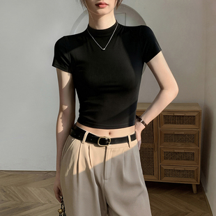 上衣 纯棉紧身小个子露脐短款 黑色正肩小高领短袖 t恤女夏2026新款
