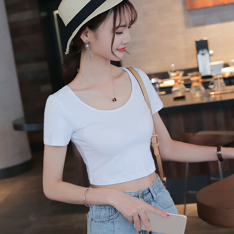 低领露脐上衣女大领口短袖t恤夏短款高腰双u领紧身性感漏肚脐衣服