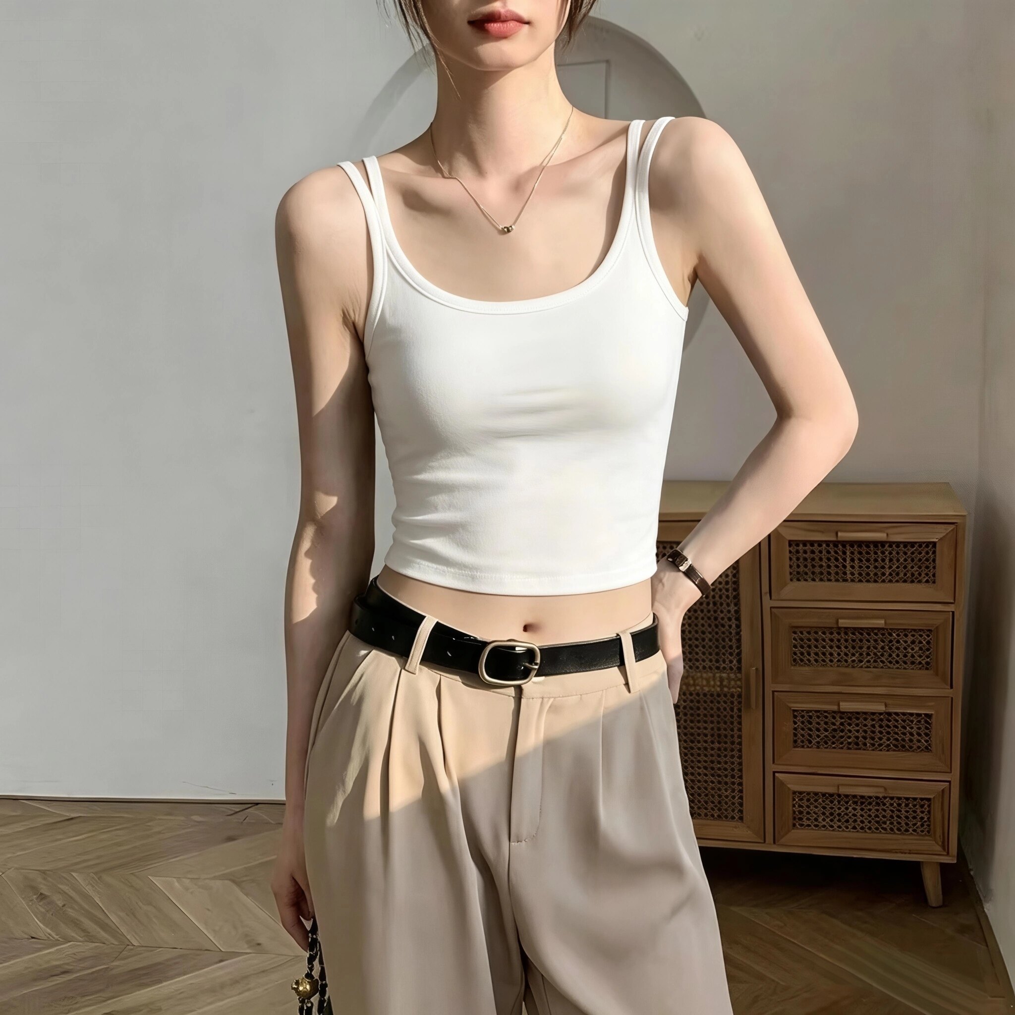 白色U型美背吊带背心女2026新款夏季修身外穿短款带胸垫性感上衣