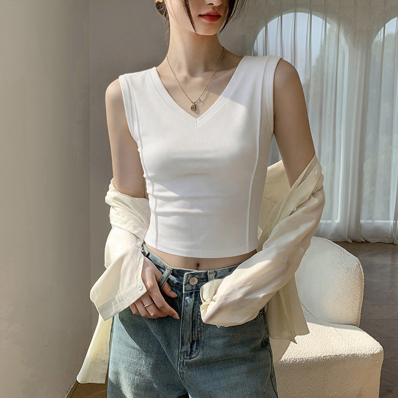 白色V领吊带背心女内搭2026新款夏季设计感鱼骨紧身高腰短款上衣