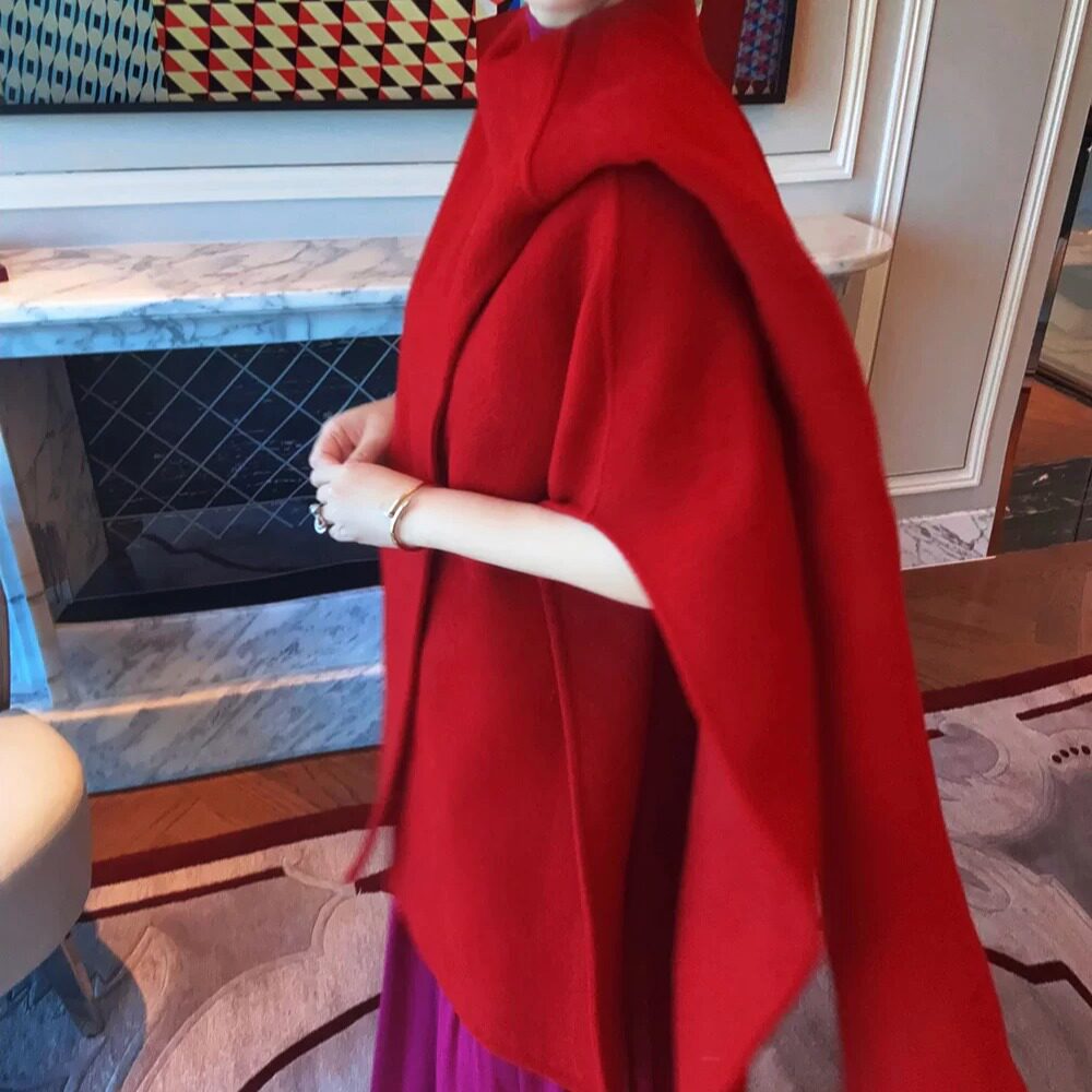 红色斗篷收腰显瘦毛呢外套秋冬