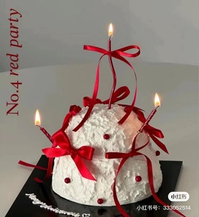 烘焙秘密 新年圣诞红色曲线条蛋糕装饰丝带 蝴蝶结珠光弯弯蜡烛