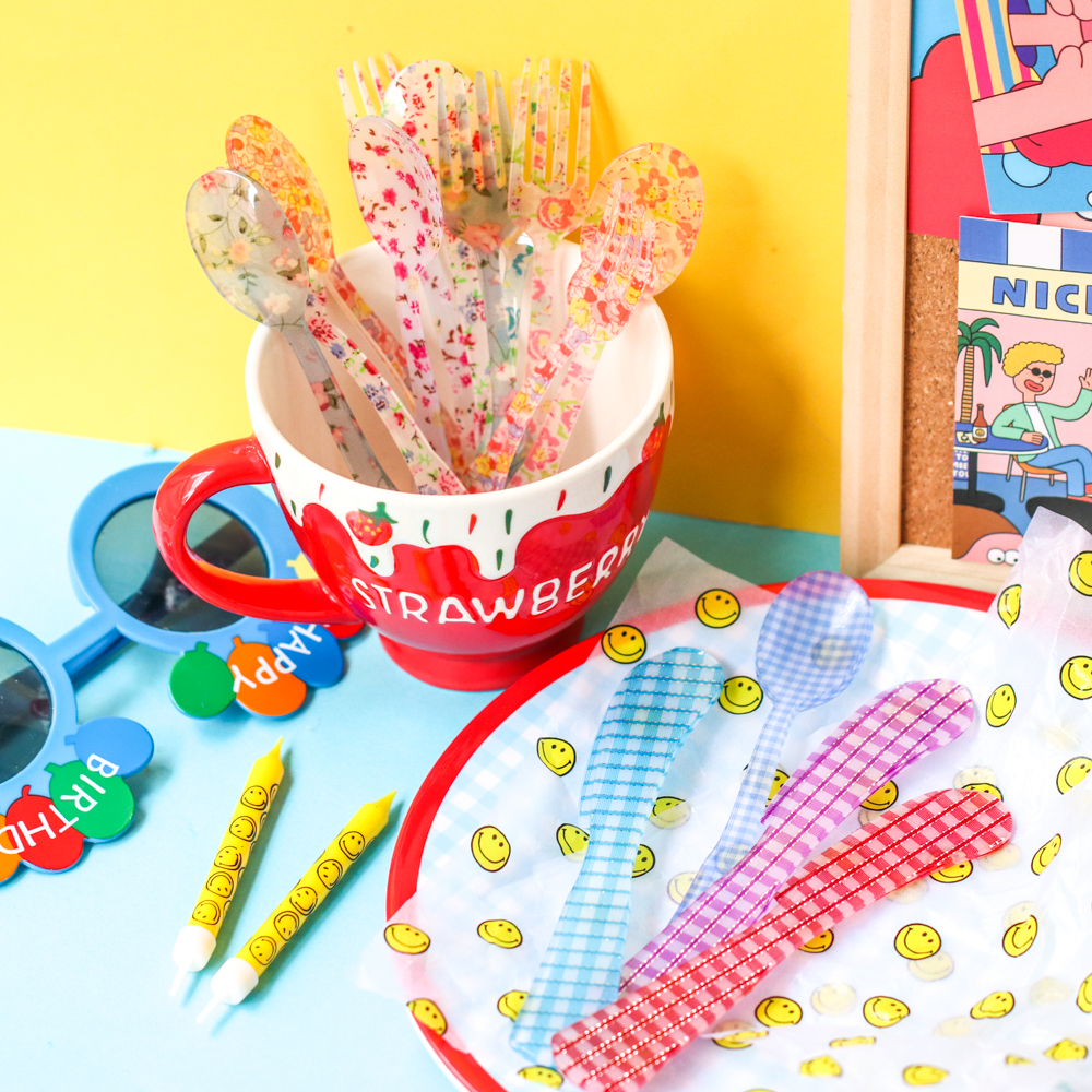 格子碎花法式风拍摄蛋糕勺道具