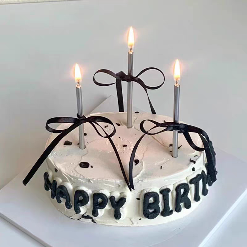 烘焙秘密 黑色蝴蝶结丝带金银直杆铅笔蜡烛生日蛋糕装饰 珠光白