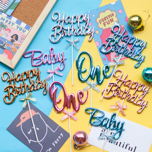 烘焙蛋糕装 韩国蛋糕粉蓝生日金属电光Onebaby插牌周岁生日插件 饰