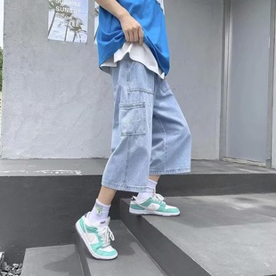 子 夏季 复古水洗松紧腰牛仔短裤 男士 宽松直筒bf炸街抽绳阔腿七分裤