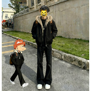 vibe美式窄版微喇牛仔裤男秋冬季加绒柳叶弯刀裤直筒修身高腰裤子