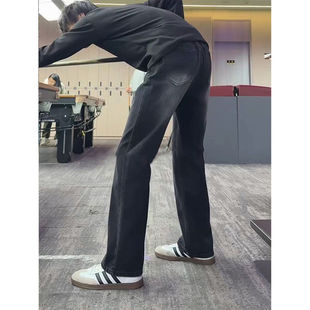 美式高街斜切微喇牛仔裤男款秋冬加绒加厚裤子vibe显瘦修身直筒裤