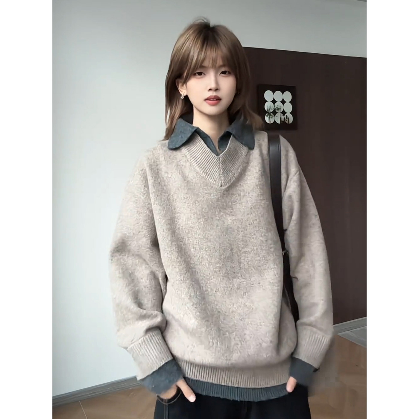 美式复古翻领假两件毛衣男