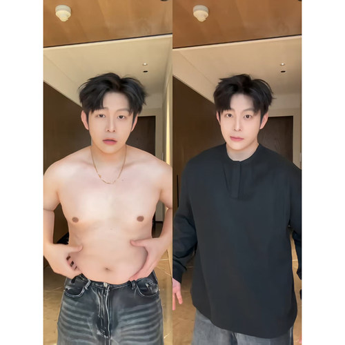 美式华夫格亨利领长袖t恤男