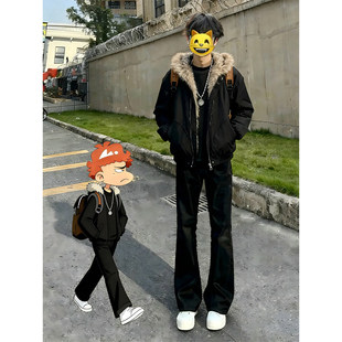 cleanfit黑色连帽座山雕棉服外套男冬季加绒加厚短款毛领棉衣夹克