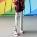 男美式 直筒修身 水泥烟灰色微喇牛仔裤 高街vibe窄版 显瘦裤 子弯刀裤