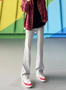 水泥烟灰色微喇牛仔裤男美式高街vibe窄版直筒修身显瘦裤子弯刀裤