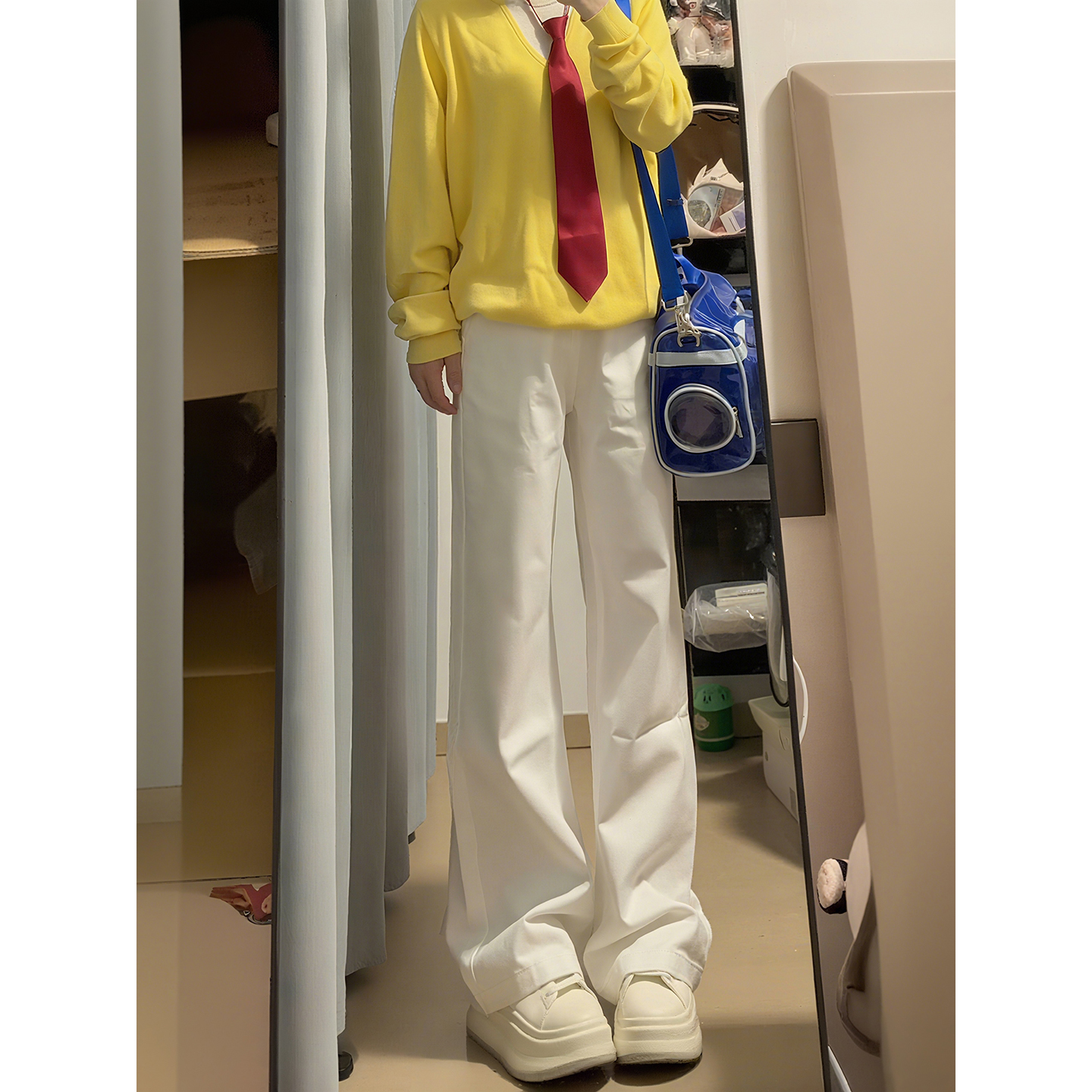 白色弯刀牛仔裤男直筒高腰提档